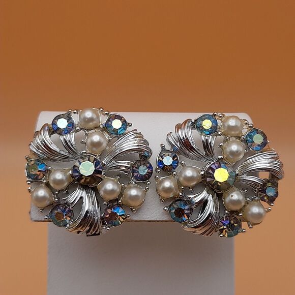 Vintage AB Blue Rhinestone Faux Pearl Clip Earrings 1960s - Picture 1 of 11